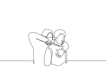 robber in hood and mask threatens with knife from back of unarmed frightened man - one line drawing vector. crime concept: street attack, robbery, violence, extortion