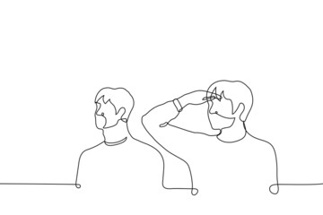 couple of friends look into the distance in one direction - one line drawing vector. men look beyond the horizon, one of them covers his eyes with his palm like visor, making shadow