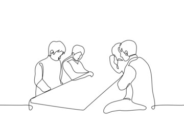 company of sad and confused men in suits sitting at table in silence - one line drawing vector. concept of failed business project, team failure, desperate crisis situation
