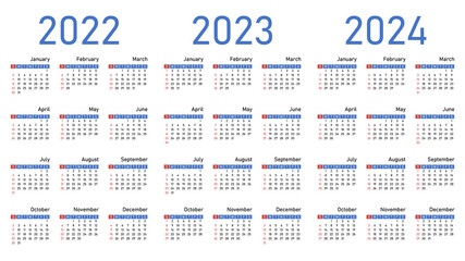 English calendars set for 2022, 2023, 2024. Week starts on Sunday. Vector illustration.	