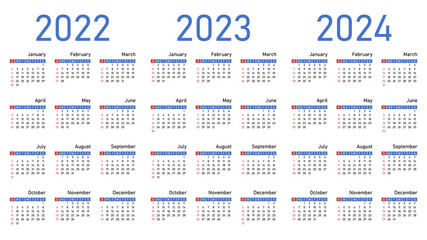 English calendars set for 2022, 2023, 2024. Week starts on Sunday. Vector illustration.	