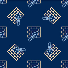 Line Brick wall with trowel icon isolated seamless pattern on blue background. Vector