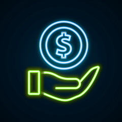 Glowing neon line Money with shield icon isolated on black background. Insurance concept. Security, safety, protection, protect concept. Colorful outline concept. Vector