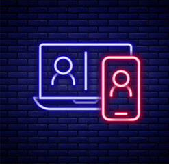 Glowing neon line Video chat conference icon isolated on brick wall background. Online meeting work form home. Remote project management. Colorful outline concept. Vector