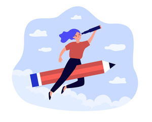Professional artist generating trendy idea, flying on pencil. Creative woman looking through telescope flat vector illustration. Agency, creation concept for banner, website design or landing web page
