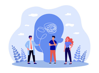 Psychologist holding end of tangled thread from patient head. Tiny people on psychotherapy flat vector illustration. Mental health, empathy concept for banner, website design or landing web page - obrazy, fototapety, plakaty