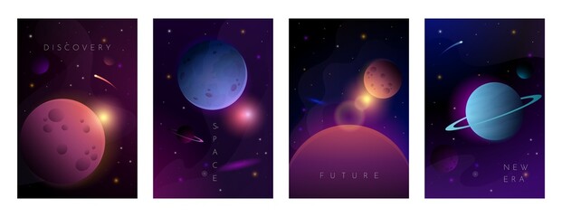 Space posters. Futuristic astronomy backgrounds with galaxy planets and asteroids. Nebula and comets. Universe discovery. Science fiction cover collection. Vector galactic banners set © SpicyTruffel