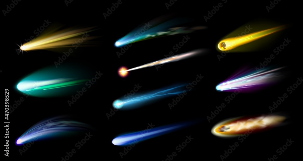Wall mural realistic shooting star. 3d falling meteor trails. comets flares. fireball light. meteorite burning 