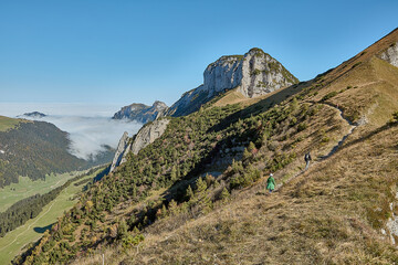 Fototapeta na wymiar Tourists hiking on Furgglenfirst