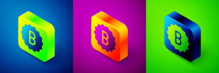 Isometric Exam paper with incorrect answers survey icon isolated on blue, purple and green background. Bad mark of test results. Square button. Vector