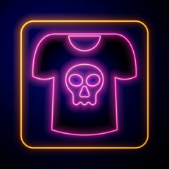 Glowing neon Shirt with skull icon isolated on black background. Happy Halloween party. Vector