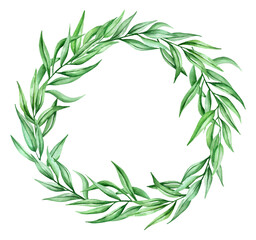 Watercolor wreath of greenery. This round frame made of eucalyptus is created of green twigs and  leaves. 
