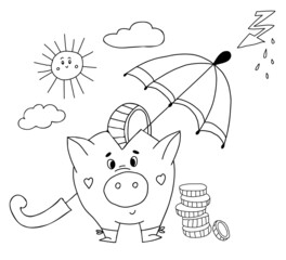 Cute pig piggy bank with coins under an umbrella. Vector illustration in hand doodle style. Outline, linear sketch of character for financial concept of saving and preserving money in any conditions