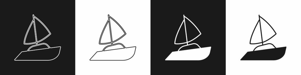 Set Yacht sailboat or sailing ship icon isolated on black and white background. Sail boat marine cruise travel. Vector