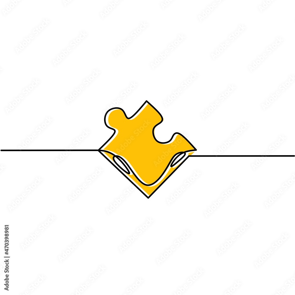 Wall mural Continuous line drawing of puzzle icon, simple sign yellow color, business problem solving team work, object one line, single line art, vector illustration - Wall murals