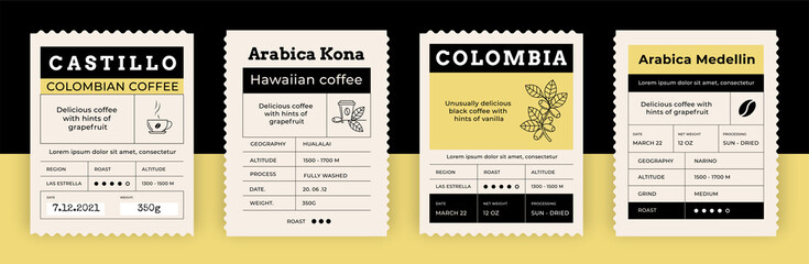 Vintage coffee tag. Retro label for Arabica espresso package. Paper product stickers design. Minimalistic grid layout with place for text and graphic icons. Vector packaging banners set