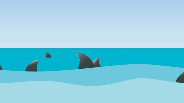 Shark infested sea. Concept of the business world in the hands of unscrupulous traders. Animated illustration, loopable graphic element