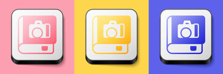 Isometric Photo album gallery icon isolated on pink, yellow and blue background. Square button. Vector