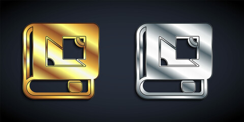 Gold and silver Book about geometry icon isolated on black background. Long shadow style. Vector