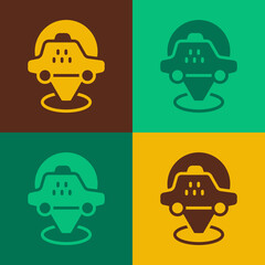Pop art Map pointer with taxi car icon isolated on color background. Location symbol. Vector