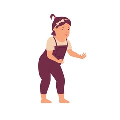 Cartoon little girl. Cute baby learning to walk. Minimalistic style happy daughter standing in funny pose. Innocence kid in jumpsuit. Human age and child growth step. Vector childhood