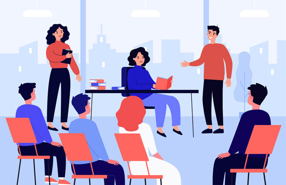 Training or presentation of new book of writer in front of fans. Woman speaking to group of people flat vector illustration. Authorship concept for banner, website design or landing web page