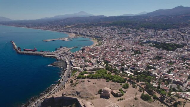 Aerial view. Rethymno town on the island of Crete. The historical part of the city and the port.