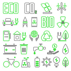 A set of icons on the theme of ecology and bioenergy in a linear style. Alternative energy. Eco-friendly transport and waste recycling isolated vector outline illustration