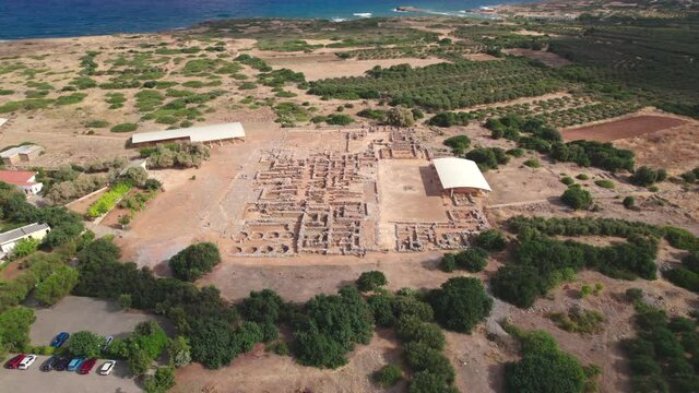 Aerial view. Archaeological site of the ancient Minoan civilization. The ruins of the Minoan palace are not far from the city of Malia on the island of Crete.
