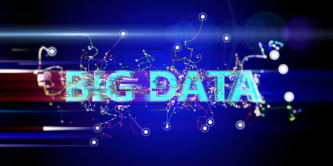 Big data. Abstract background with chaotic  lines and  wireframe big data text on blue.  Analytics algorithms data. Cryptography concept. Banner for business, science and technology.