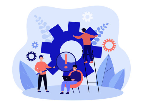 Work Of Tiny Business People With Gears. Team Of Men Moving Cog Wheel, Fixing Machine Together Flat Vector Illustration. Cooperation, Challenge Concept For Banner, Website Design Or Landing Web Page