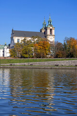 View of the monastery Skalka from the Vistula River on an autumn sunny day, Krakow, Poland