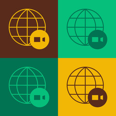 Fototapeta premium Pop art Video chat conference icon isolated on color background. Online meeting work form home. Remote project management. Vector