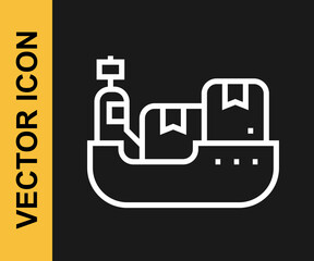 White line Cargo ship with boxes delivery service icon isolated on black background. Delivery, transportation. Freighter with parcels, boxes, goods. Vector