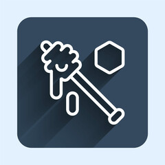 White line Honey dipper stick icon isolated with long shadow background. Honey ladle. Blue square button. Vector