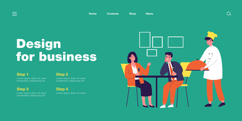 Married couple drinking champagne at restaurant. Husband and wife chatting, waiter with order flat vector illustration. Restaurant, dating concept for banner, website design or landing web page