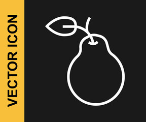 White line Pear icon isolated on black background. Fruit with leaf symbol. Vector