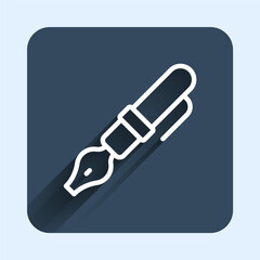 Fototapeta premium White line Fountain pen nib icon isolated with long shadow background. Pen tool sign. Blue square button. Vector