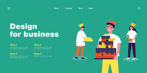 Happy confectioner holding big cake. Smiling cook finishing order, proud colleagues flat vector illustration. Cooking, cafe, restaurant concept for banner, website design or landing web page