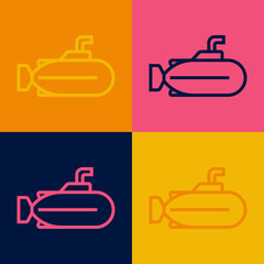 Pop art line Submarine icon isolated on color background. Military ship. Vector