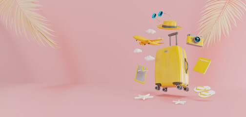 Traveling suitcase and travel accessories on pastel color background. wanderlust and travel concept. 3d rendering.	
