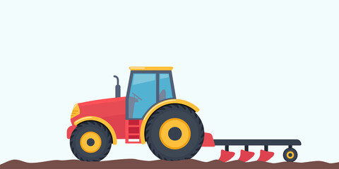 Tractor plowing the field. Agriculture concept. Farm Machine. Side view of modern tractor with plow. Vector illustration.