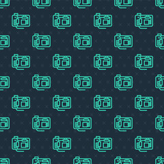Green line Electronic computer components motherboard digital chip integrated science icon isolated seamless pattern on blue background. Circuit board. Vector