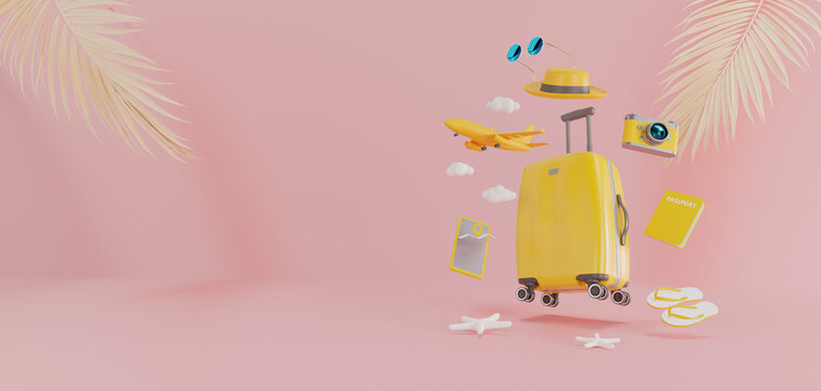 Traveling suitcase and travel accessories on pastel color background. wanderlust and travel concept. 3d rendering.	
