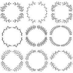 Vector illustration of hand drawn wreaths. Cute doodle floral wreath frame set.