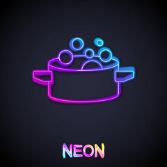 Glowing neon line Cooking pot icon isolated on black background. Boil or stew food symbol. Vector