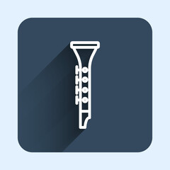 White line Clarinet icon isolated with long shadow background. Musical instrument. Blue square button. Vector