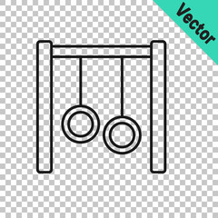 Black line Gymnastic rings icon isolated on transparent background. Playground equipment with hanging rope with rings. Vector