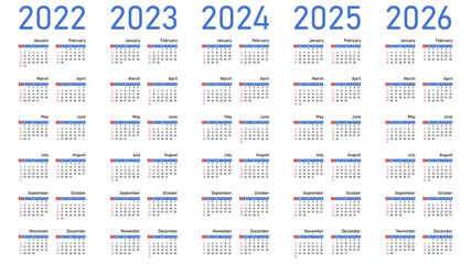 English calendars set for 2022, 2023, 2024, 2025, 2026. Week starts on Sunday. Vector illustration.	

