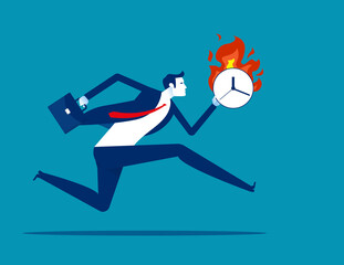 Anxious business character run with burning clock in hands. Business deadline concept